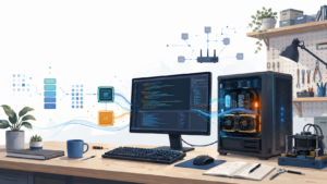 OpenCode con Ollama en GPU local en un entorno de trabajo con PC, monitor de código y flujo de datos