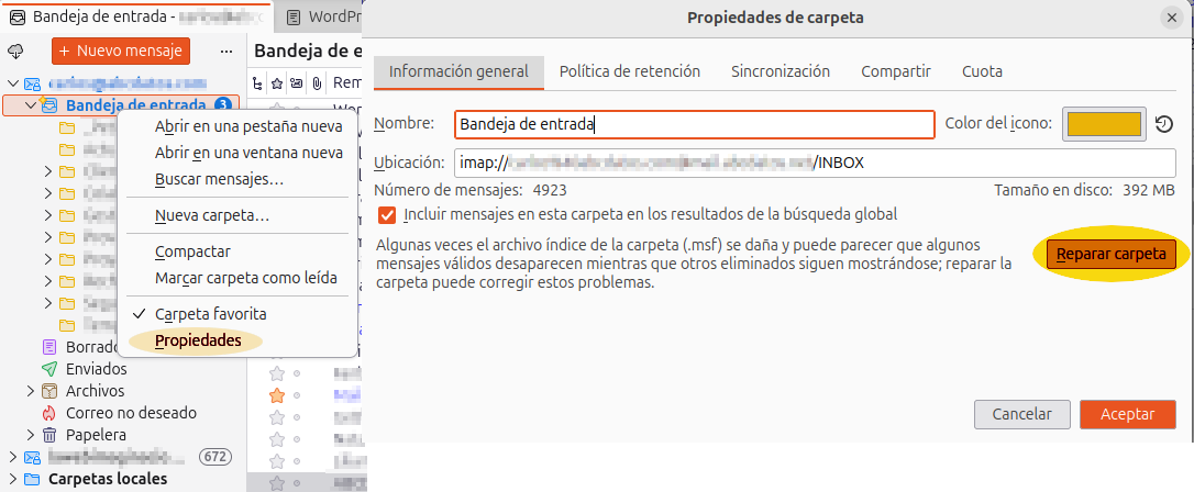 Reparar carpeta de correo IMAP en Thunderbird
